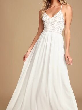 Lulu's Meet Me in Madrid White Beaded Maxi Dress Size L NWT